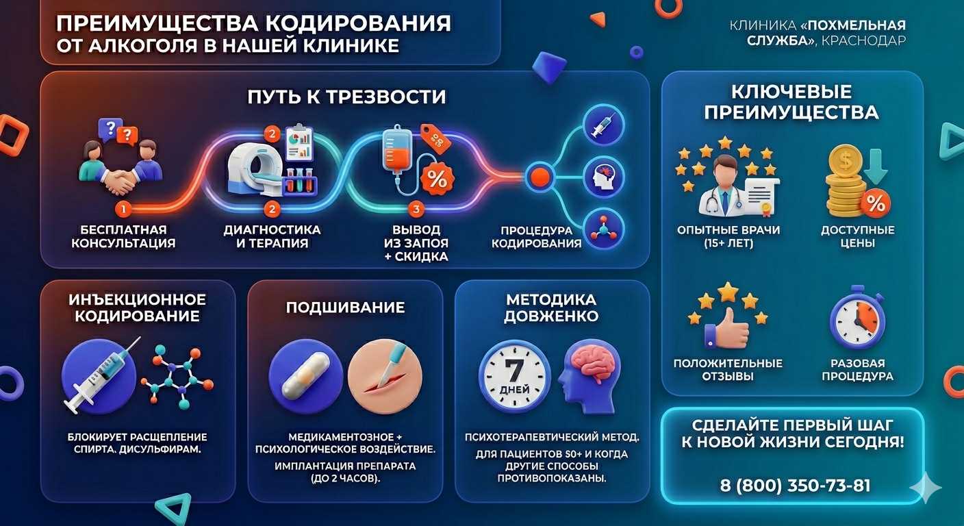 Инфографика о методах кодирования от алкоголя в Ростове-на-Дону: инъекции, подшивание, метод Довженко. Преимущества клиники и этапы лечения.