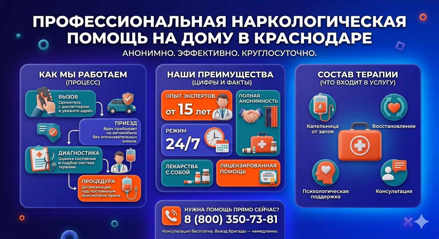 Инфографика о принципах лечения алкоголизма на дому в Ростове-на-Дону: этапы вызова нарколога, преимущества анонимной детоксикации и состав медицинской помощи.